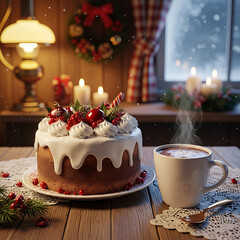 Festive Christmas cake with a steaming mug of hot chocolate on a wooden table
