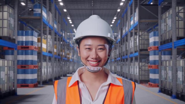 Front View of Asian Female Engineer Walking at Warehouse Aisle with Chemical or Oil Barrels on Pallet Racking