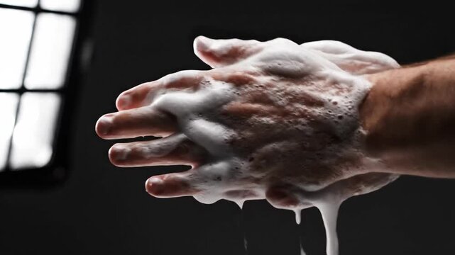 Washing hands with white soap lather for hygiene and cleanliness against a dark background with dramatic lighting
