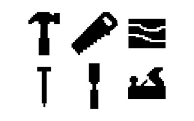 Silhouette of carpenter tools set in pixel art style with hammer, saw, chisel, and planer icons