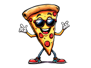 A cartoon pizza slice with sunglasses is smiling and giving a thumbs up, isolated on transparent background the pizza slice has pepperoni toppings and is wearing sneakers it is a fun and playful image