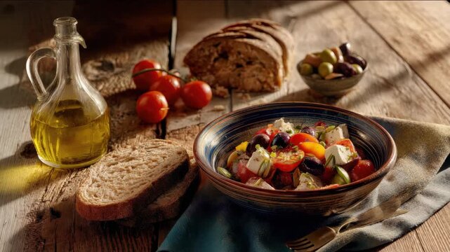 Mediterranean Lunch: Feta and Olive Salad, Olive Oil, and Fresh Bread