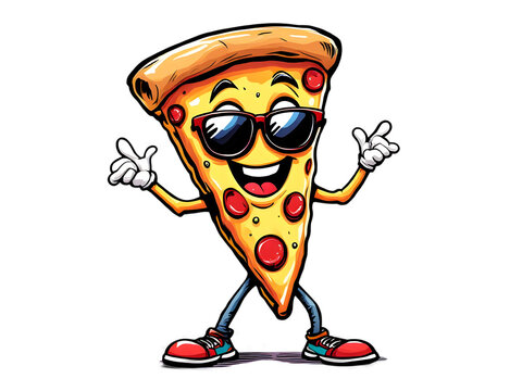 A cartoon pizza slice with sunglasses is smiling and giving a thumbs up, isolated on transparent background the pizza slice has pepperoni toppings and is wearing sneakers it is a fun and playful image