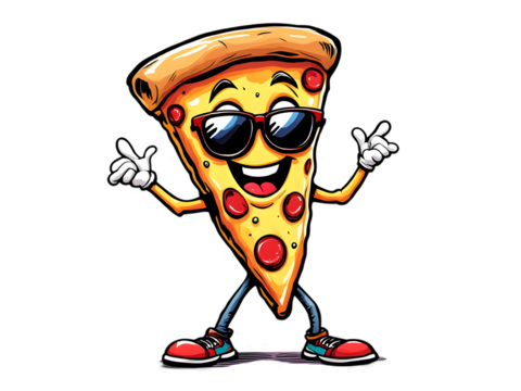 A cartoon pizza slice with sunglasses is smiling and giving a thumbs up, isolated on transparent background the pizza slice has pepperoni toppings and is wearing sneakers it is a fun and playful image