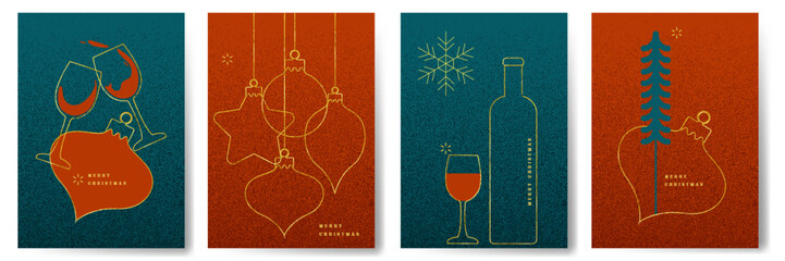 Xmas line art background greeting card design set vector illustration