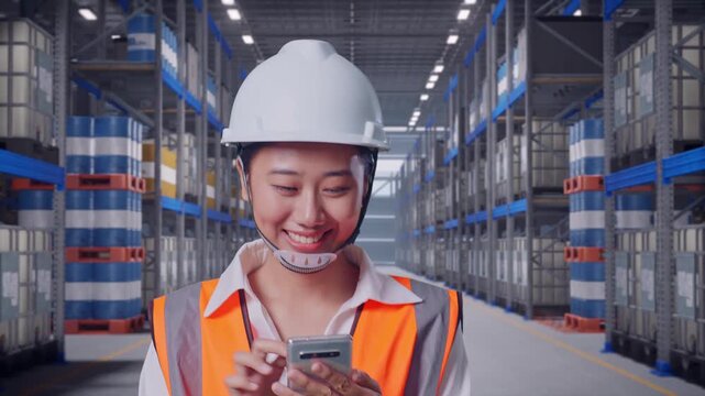 Front View of Asian Female Engineer Use Smartphone While Walking at Warehouse Aisle with Chemical or Oil Barrels on Pallet Racking