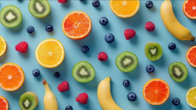 Organized flat lay of colorful fresh fruits: oranges, kiwi, bananas, and berries on blue