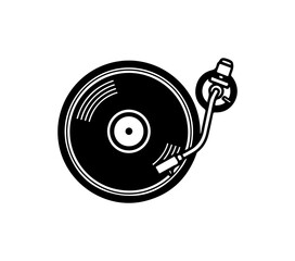 Vintage vinyl record player, black and white illustration for retro music enthusiasts