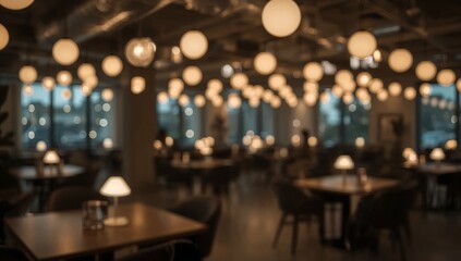 A lucid, blurred background of an elegant restaurant interior with warm ambient bokeh lights creating a sophisticated atmosphere