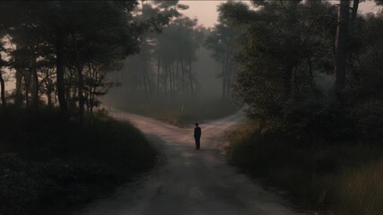 A solitary figure at a fork in a foggy forest road: concept of choice and uncertainty - Powered by Adobe