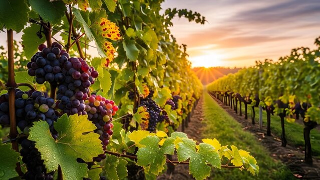 Bountiful grape harvest at sunset in beautiful vineyard landscape - Powered by Adobe