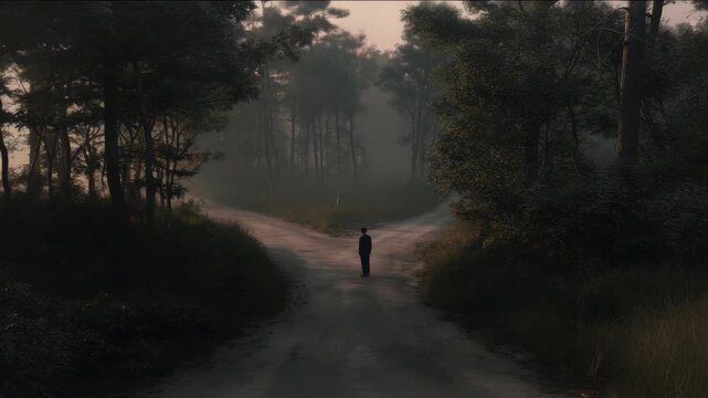 A solitary figure at a fork in a foggy forest road: concept of choice and uncertainty