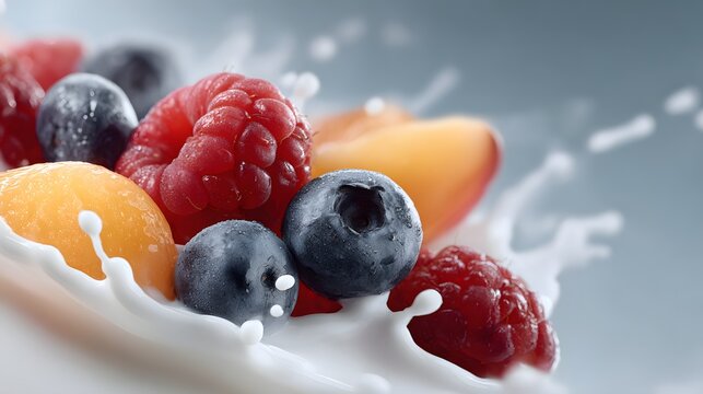 Fresh berries and fruits splashing into milk, yogurt, dynamic splash, healthy breakfast.