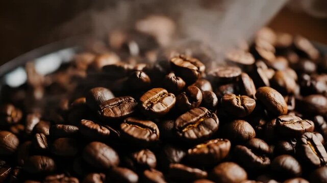 4K Ultra-Realistic Cinematic Close-Up of Freshly Roasted Coffee Beans with Rising Steam