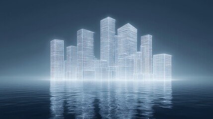 Digital Wireframe City Skyline Reflecting on Water. Futuristic urban landscape with glowing smart city buildings, representing technology and innovation.