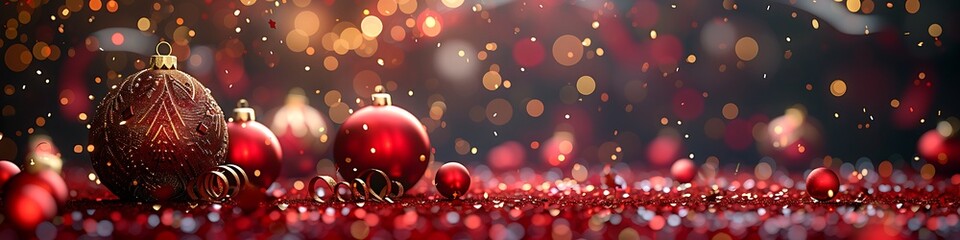 Fototapeta premium Panoramic Christmas Ornaments with Bokeh Lights Festive Background