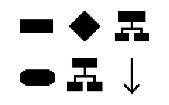 Pixel art flowchart symbols: rectangle, diamond, oval, and arrows for diagrams