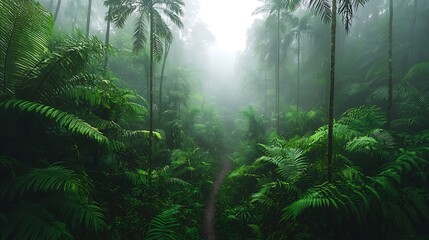 Fototapeta premium Foggy tropical jungle path leading through dense green rainforest with lush ferns and palm trees, a serene and mysterious natural landscape.
