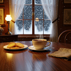 Warm Cup of Tea and Cookies on a Snowy Day