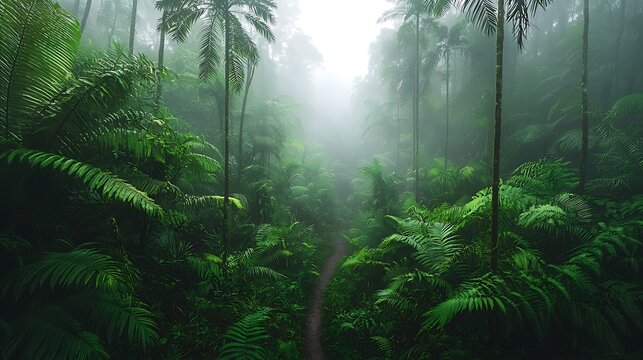 Foggy tropical jungle path leading through dense green rainforest with lush ferns and palm trees, a serene and mysterious natural landscape.