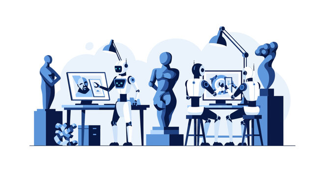 Digital artists working on 3D models and sculptures in a creative studio environment.