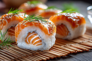 Close up of salmon sushi rolls on bamboo mat
