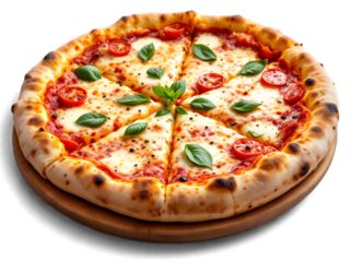 Top view set of six Italian pizzas including pepperoni, seafood, BBQ chicken and ham on wooden background, AI generated vector PNG with free text space for menu design, ads and branding.
