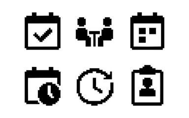 Pixel art calendar icons for business and scheduling, retro style
