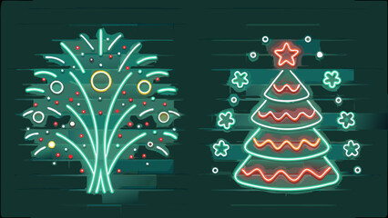 Festive neon Christmas tree and firework display bring holiday cheer and joy to your seasonal designs