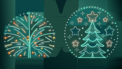 Whimsical holiday spirit with neon style Christmas tree and fireworks art, perfect for festive designs and seasonal greetings