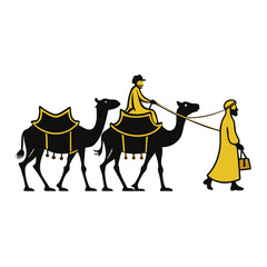 Three wise men and camels traveling in silhouette