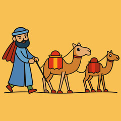 Cartoon man leading two camels across a desert landscape