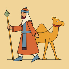 Stylized illustration of a man in traditional clothing walking with a camel
