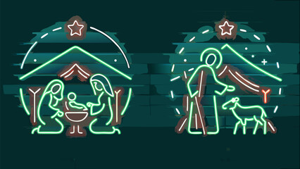 Glowing neon nativity scene with Mary, Joseph, Jesus, shepherd, and sheep celebrating Christmas