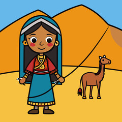 Cartoon girl in traditional clothing with a camel in the desert