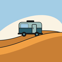 Retro travel trailer driving through stylized desert landscape