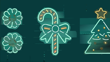 Festive neon Christmas icons bring holiday cheer to your designs with candy cane, Christmas tree and ornaments