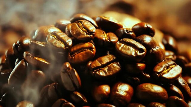 4K Ultra-Realistic Cinematic Close-Up of Freshly Roasted Coffee Beans with Rising Steam