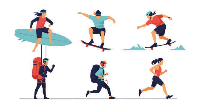 Diverse Group of People Engaged in Various Extreme Sports and Outdoor Activities.