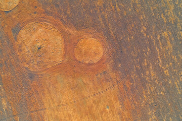 Abstract overhead view of a textured agricultural field featuring two distinct circular patterns....