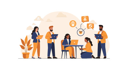 Diverse team collaborating on a project with laptops and documents.