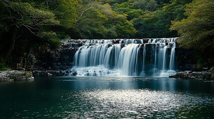 Serene long exposure of a multi-tiered waterfall cascading over dark layered rocks into a calm pool surrounded by lush green forest foliage.