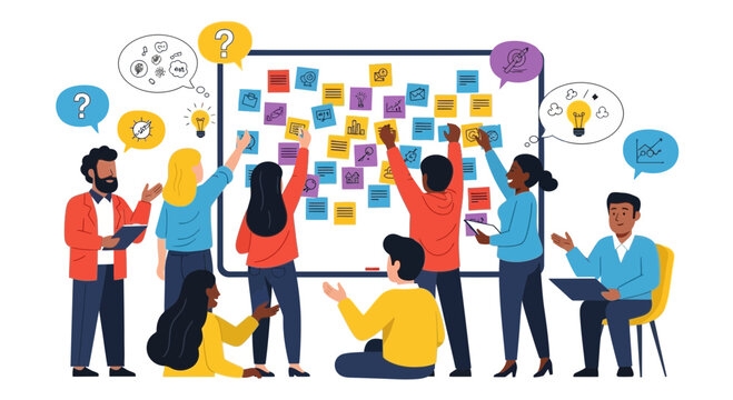 Diverse team collaborating on a whiteboard with sticky notes.