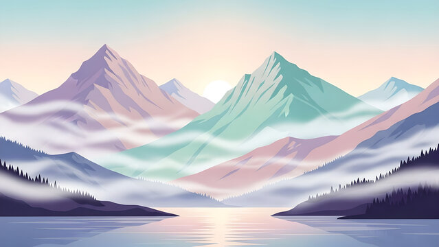 Serene mountain landscape with pastel colors, mist, and lake reflection creates peaceful escape, perfect for travel, nature, or wellness brands seeking tranquility
