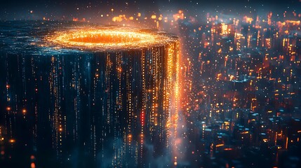 Abstract glowing digital structure with flowing data streams, symbolizing futuristic technology and big data in a cyber cityscape.