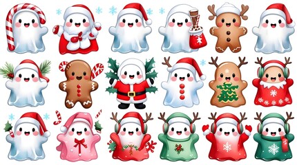 A festive Christmas illustration featuring twelve cute kawaii ghosts
