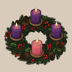 Traditional Advent wreath with three purple and one pink lit candles, decorated with pinecones and holly berries