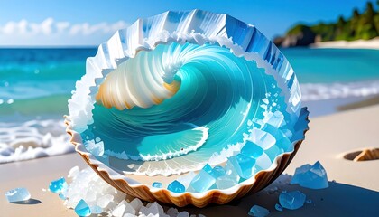 Artistic Wave Inside Seashell with Beach Scene, Summer, and Crystal Clear Ocean.