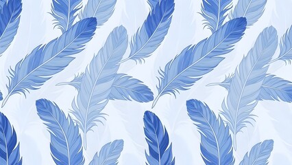 Seamless pattern of blue feathers on a light blue background.