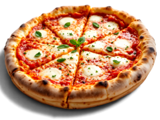 Top view set of six Italian pizzas including pepperoni, seafood, BBQ chicken and ham on wooden background, AI generated vector PNG with free text space for menu design, ads and branding.